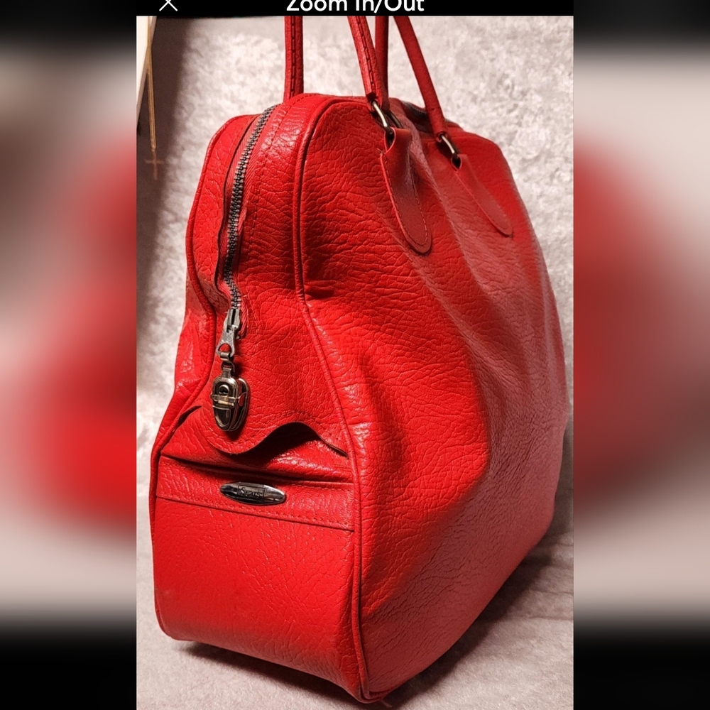 Vint/Mint L Sears Red Leather & Lined 2 handle Travel Bag/Carry On w/silver